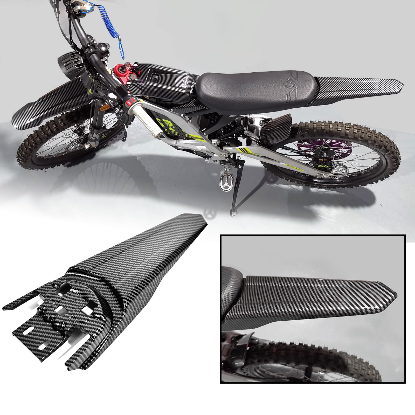 Extended Tail Fender for Surron Light Bee X/S,Imitation Carbon Fiber Longer Rear Fender for Surron X Electric Dirt Bike,Extra Long Mudguard Tail Fender for Suron (Water Transfer)